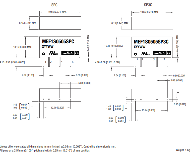 机械图纸 - Murata Power Solutions MEF1系列隔离型1W稳压单输出DC/DC转换器